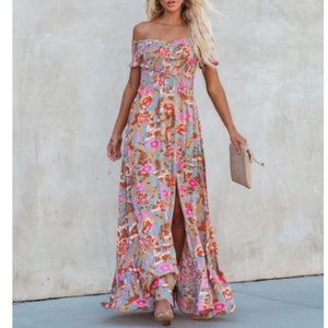 Vegana Floral smocked off the shoulder maxi dress